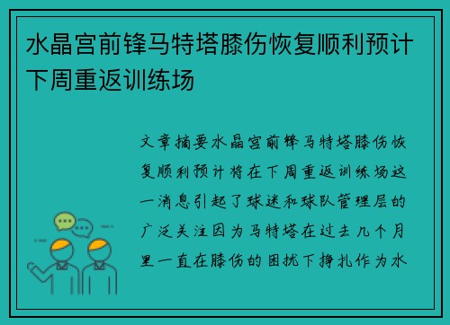 水晶宫前锋马特塔膝伤恢复顺利预计下周重返训练场